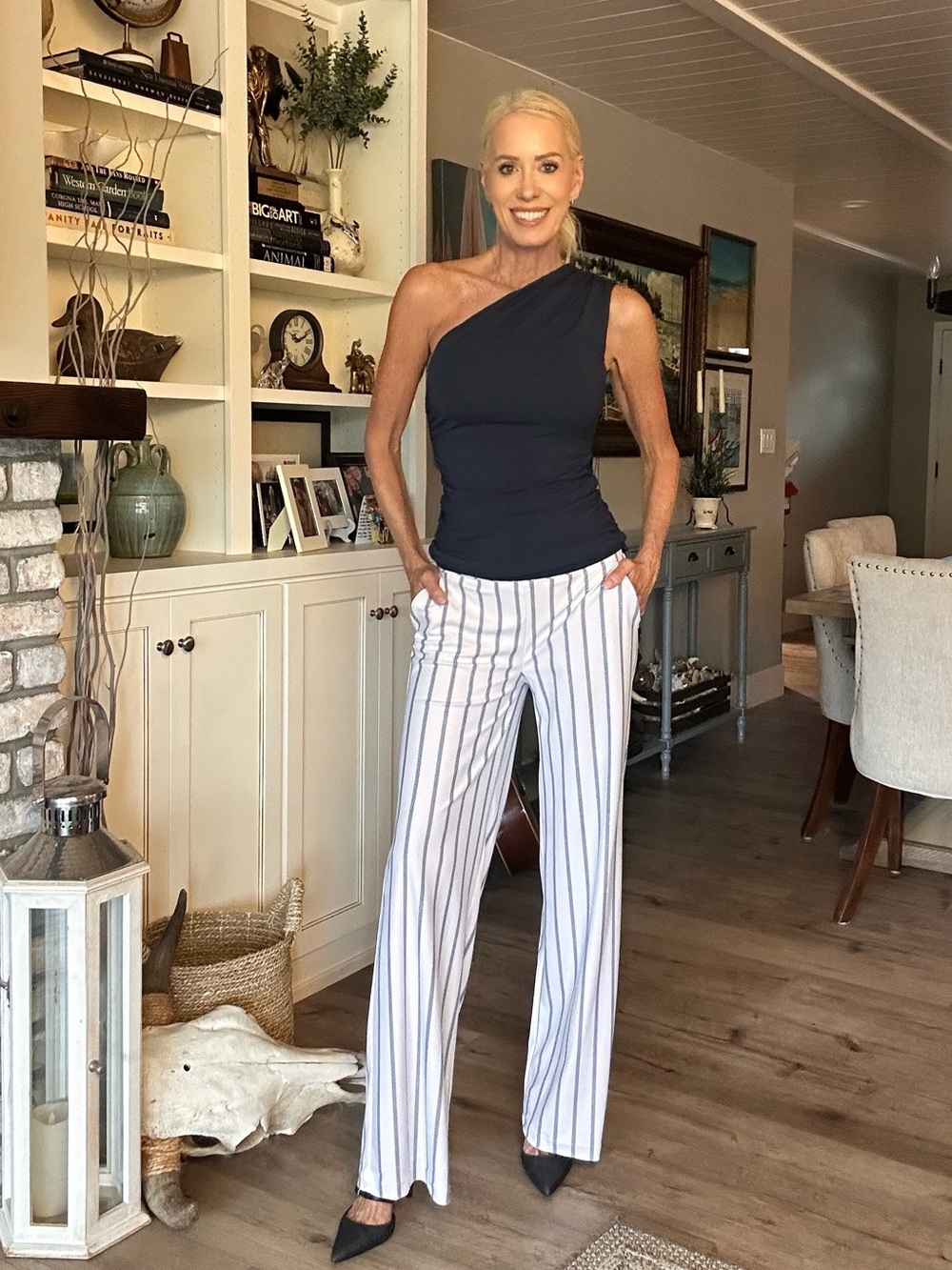 Striped Wide-Leg Pants in White with Navy Stripes Kira Grace Small
